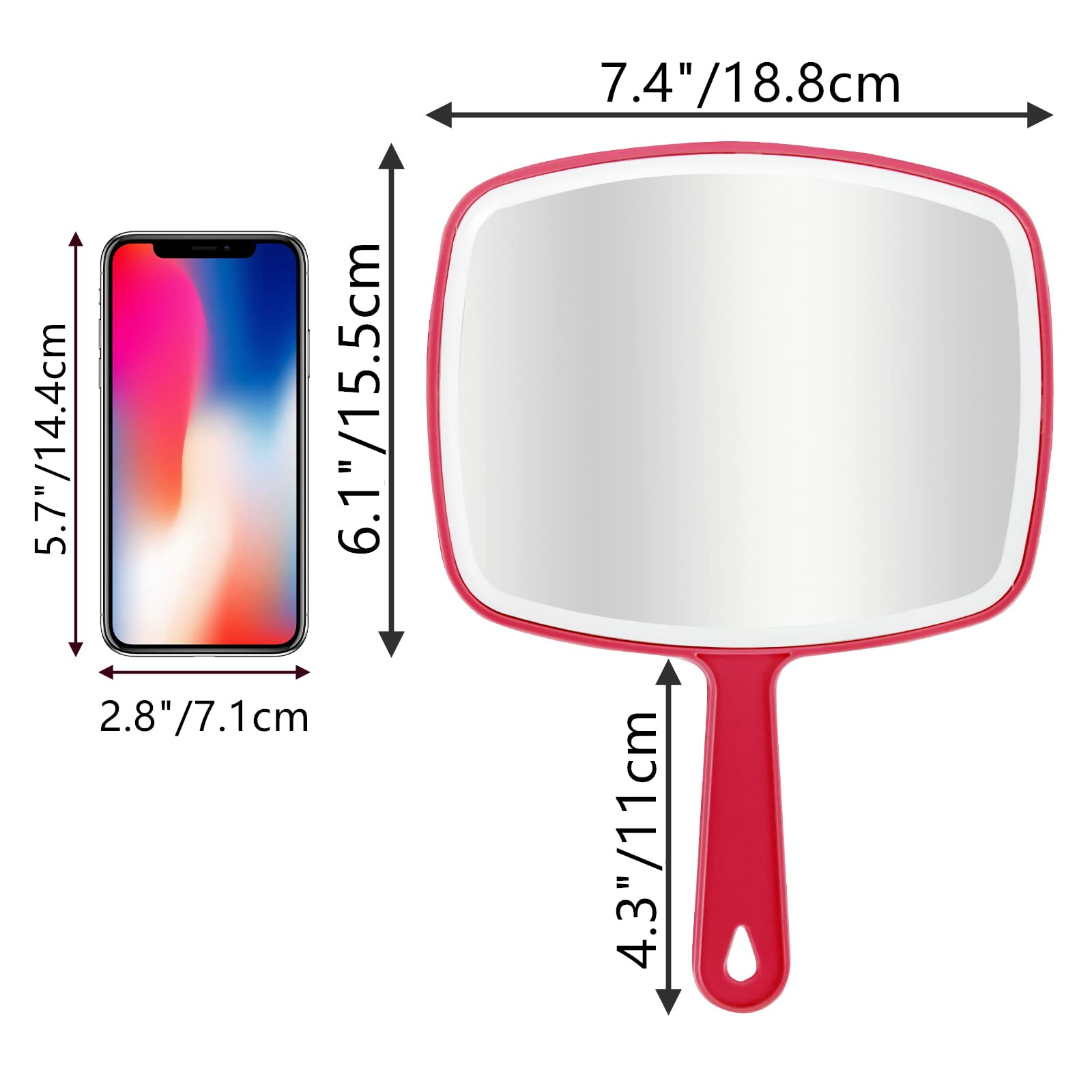 Dvhok 2Pcs Handheld Mirror, Portable Hand Mirror With Hanging Hole In Handle, Red 7.4'' W X 10.4'' L