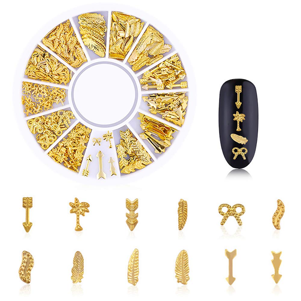 Wokoto 6 Boxes Gold Metal Nail Studs Rose Star Moon Feather Nail Charm Kit 3D Nail Art Jewelry Decoration With 1Pc Tweezers And