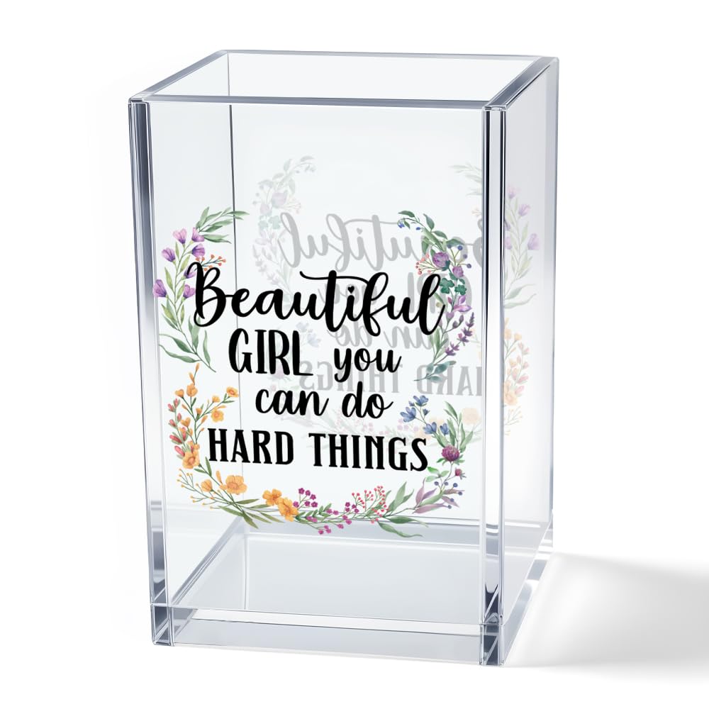 Vgrti Beautiful Girl You Can Do Hard Things Acrylic Makeup Brush Organizer Holder, Encouraging Gift for Womenr Friend, Daughter 