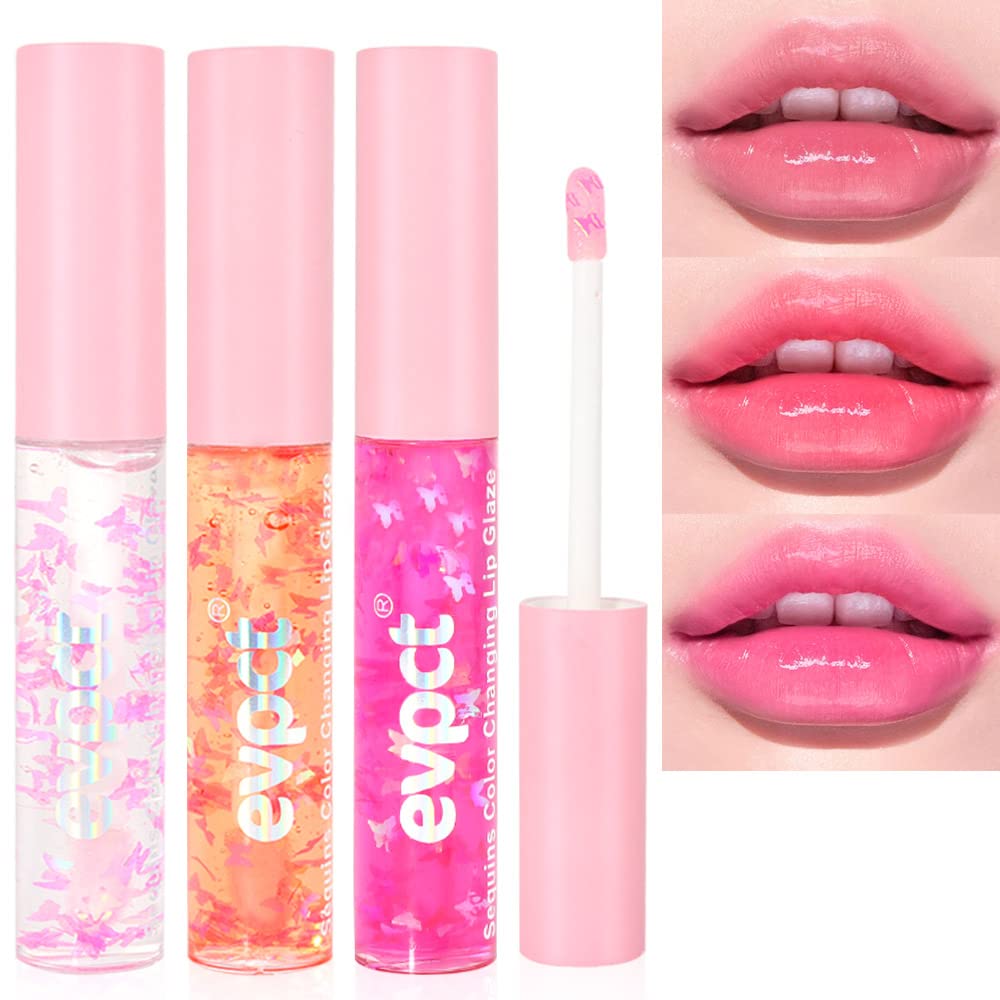 BINGBRUSH 3 Pcs Color Changing Lip Gloss lipstick, Pink Magic Mood Lip Oil Tinted,Temperature Color Change Lip Stain Lip Balm, L