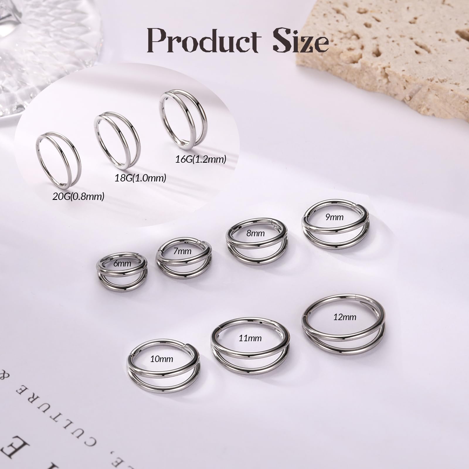 PEAKLINK 18G Double Open Stacked Cartilage Conch Helix Earring Hoop 316L Surgical Steel Septum Nose Rings 8mm Lobe Earrings Unis