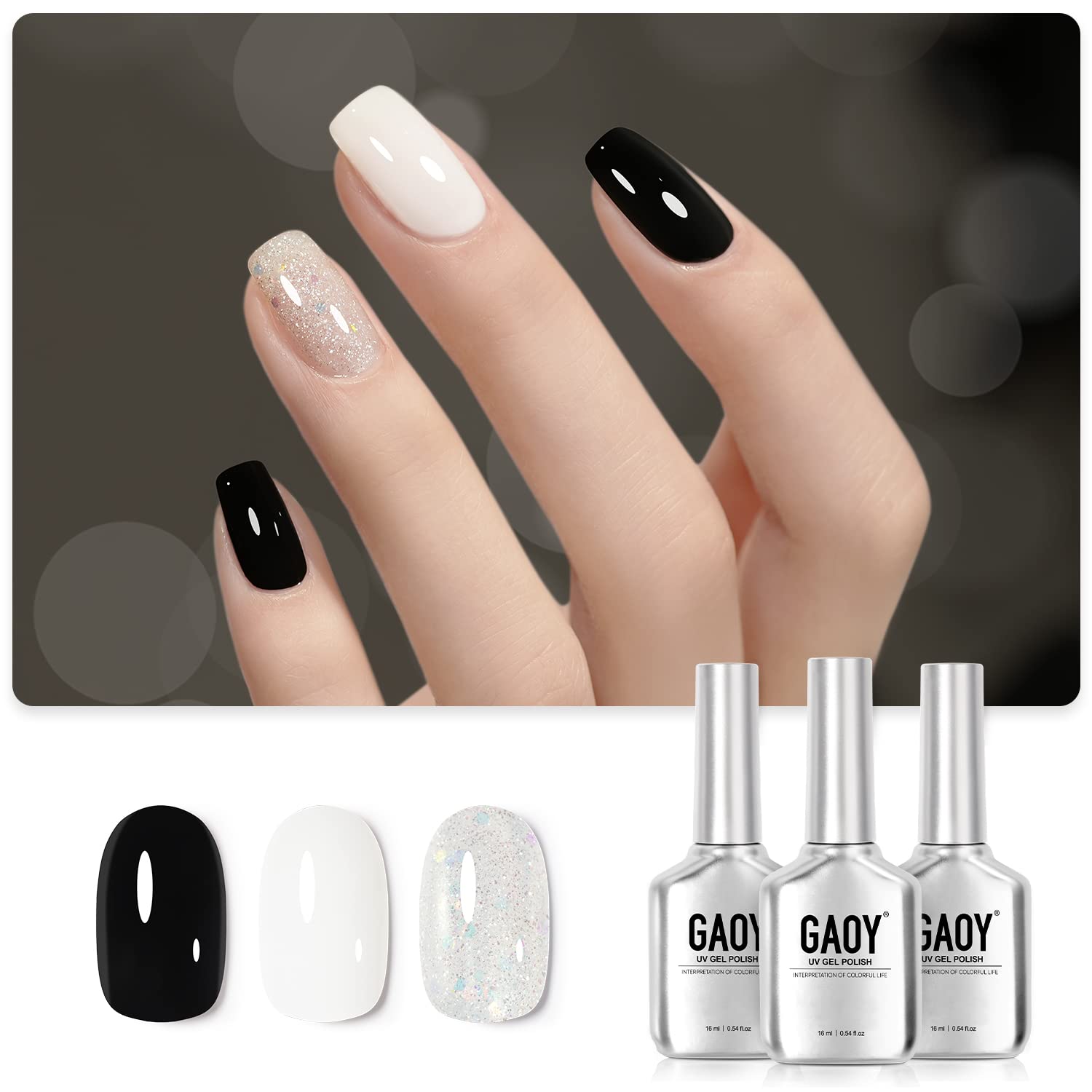 GAOY Gel Nail Polish Kit, 3 Colors Black Milky White Jelly Glitter, Sheer Clear Soak Off UV Gel Polish Set - Evening Lights