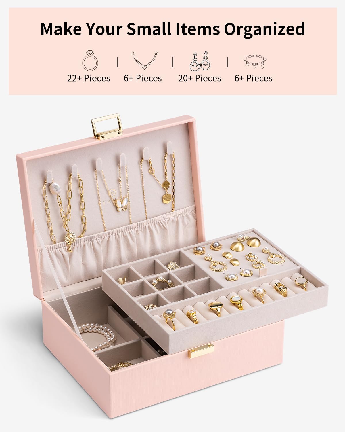 Vlando 2 Layer Jewelry Box Large Jewelry Organizer for Women Removable Jewelery Tray for Necklace Earrings Rings Bracelets Jewel