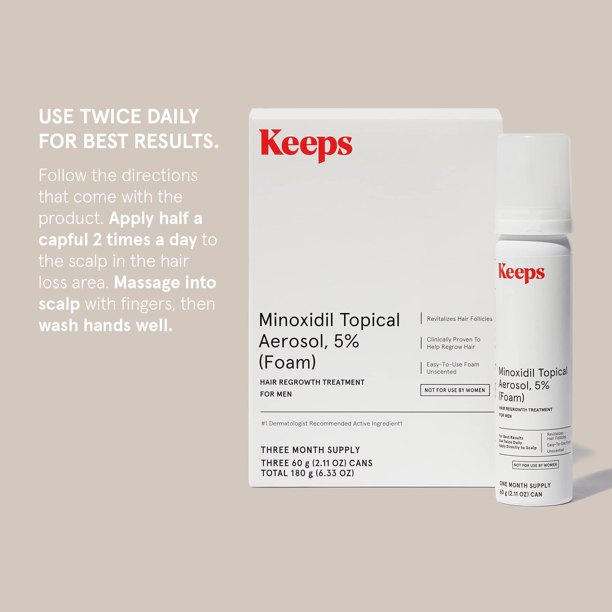 Keeps Extra Strength Minoxidil For Men Topical Aerosol Foam 5%, Hair Growth Treatment - 3 Month Supply (3 X 2.11Oz Bottles) - Th