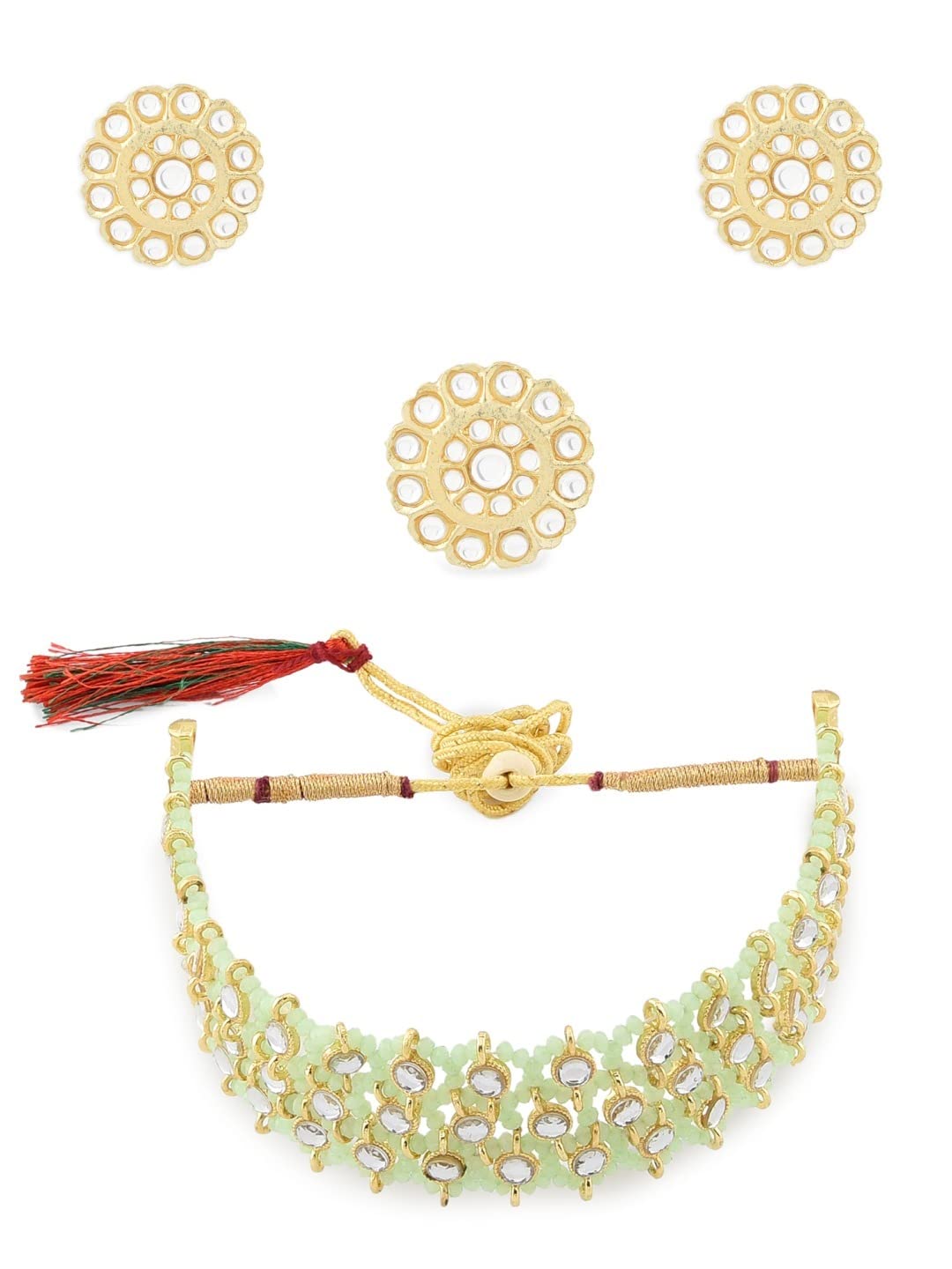Zaveri Pearls Green Crystal Beads & Kundan Woven Choker Necklace Earring & Ring Set For WomenZpfk12115