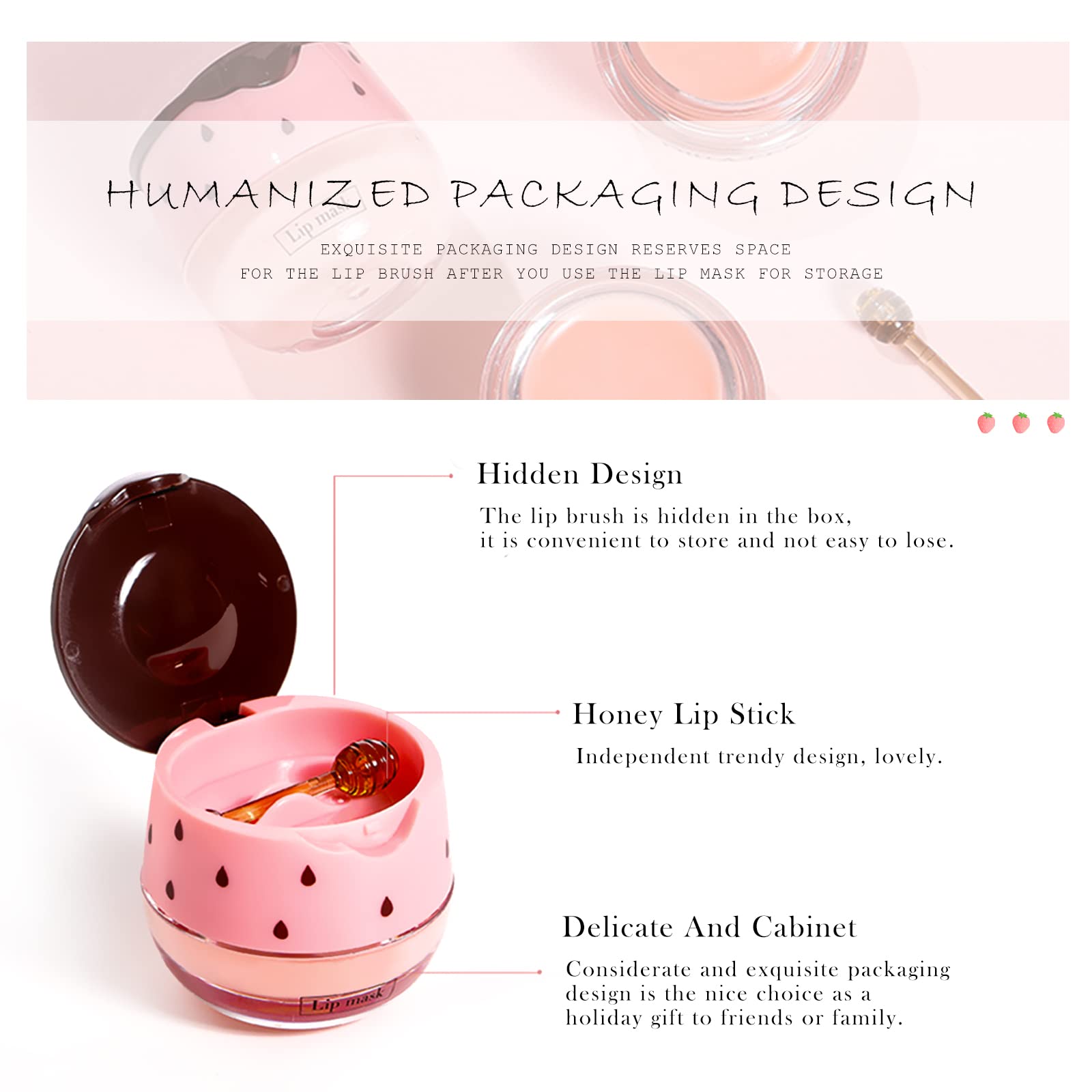 Freeorr 2Pcs Strawberry Lip Sleeping Mask,Bee Lip Balm Honey Pot, Bee Lip Honey Pot With Wand Nourishes Lips, Overnight Strawber