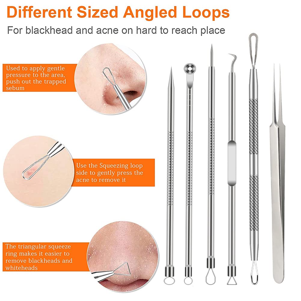 BLAAROOM Pimple Popper Tool Kit - 6 Pcs Stainless Steel Blackhead Remover Set - Silver Acne Treatment for Face and Nose