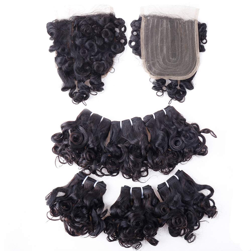 Peruvian Curly Hair Bundles Short Bob Wavy Curly Human Hair Bundles With Closure 10A Ocean Weave 6 Bundles With Closure 25G/Bund