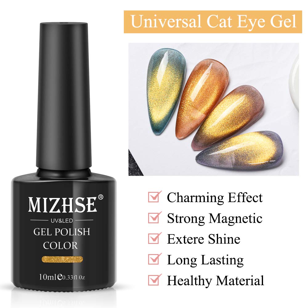Mizhse Universal Gold Cat Eye Gel Nail Polish, 9D Wide Magnetic Gel Polish With Magnet Stick, 10 Ml Galaxy Effect Bright Glitter