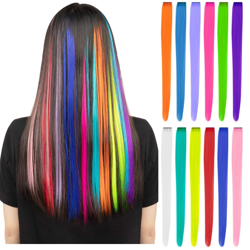 YaFex 12 Pcs Clip in Hair Extensions, 22 Inch Colored Hair Extensions Party Highlights Long Straight Synthetic Hairpieces for Wo