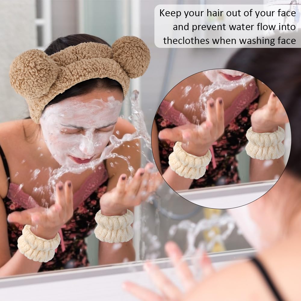 AHONEY Spa Bear Ears Headband, Face Wash Headband and Wristband Set, Cute Makeup Skincare Headbands Wrist Bands for Washing Face