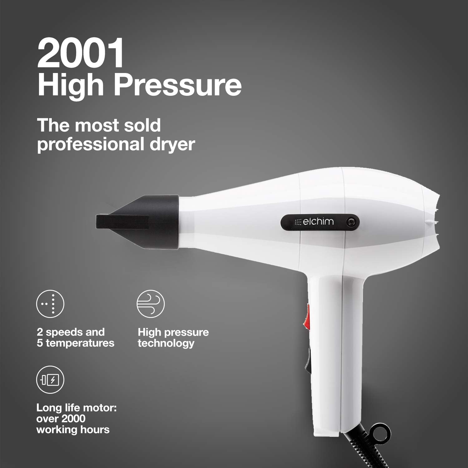 Elchim 2001 High Pressure Hair Dryer - White, 1 Count, Plastic Material, Model 220710013
