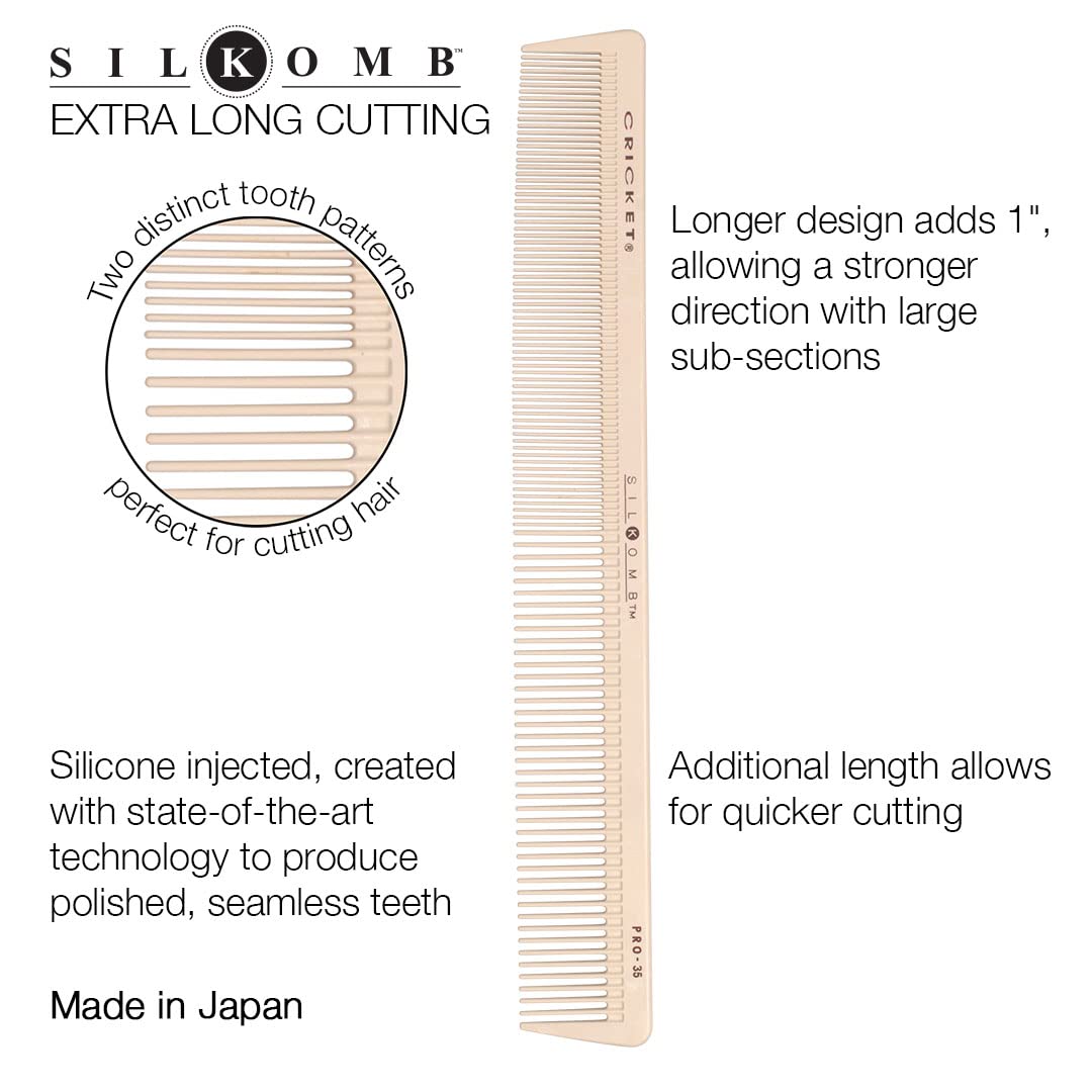 Cricket Silkomb Pro-35 Extra Long Hair Cutting Comb Silicone-Infused Professional Hair Stylist Barber Comb For Haircuts, Styling