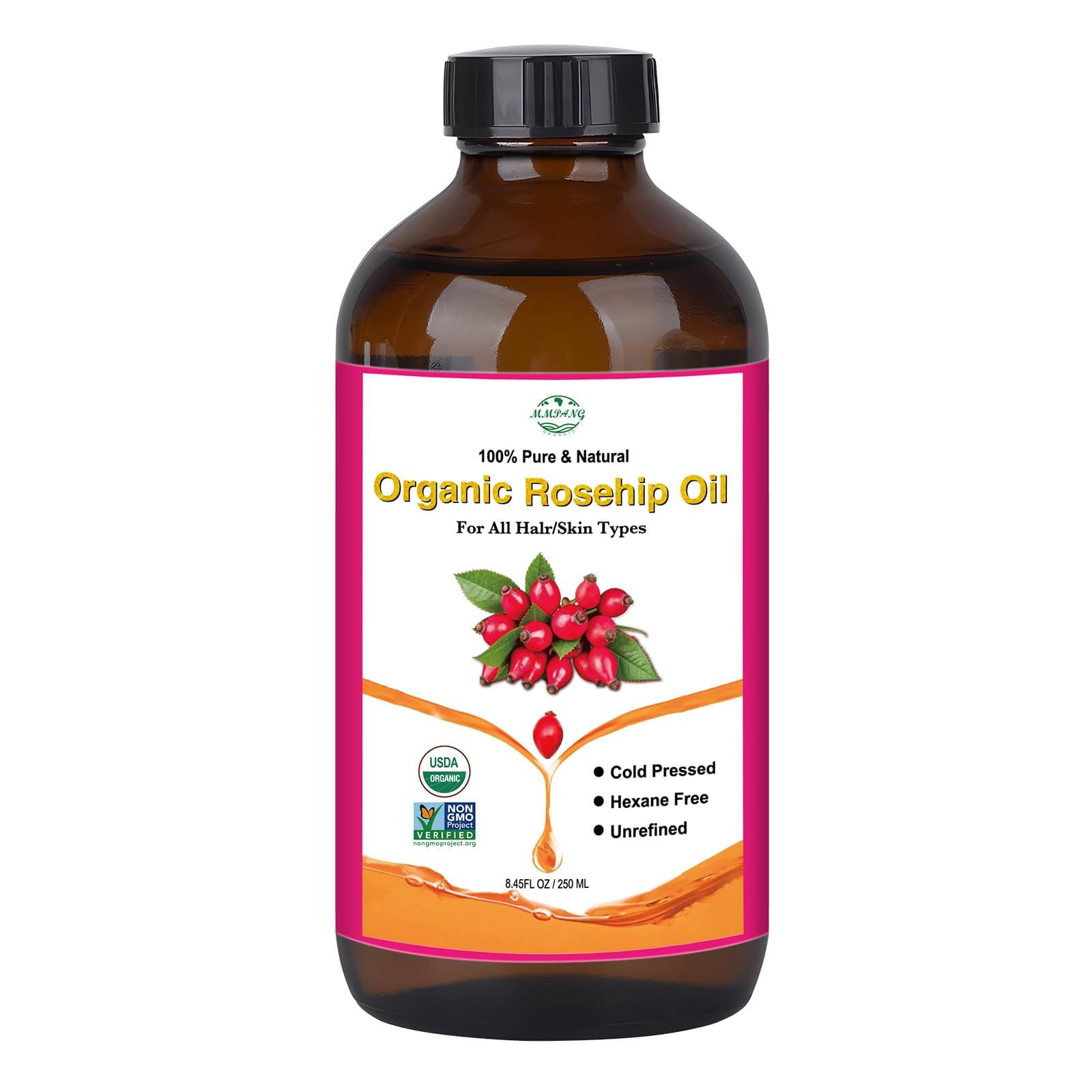 MMPANG Rosehip Seed Oil for Face, 100% Pure Natural Organic Rosehip Oil Cold Pressed Unrefined Facial Oil for Anti-Aging, Acne S