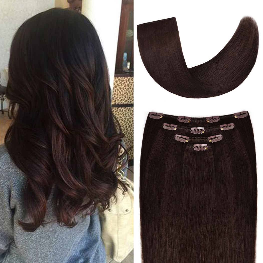 14'' Clip In Hair Extensions Remy Human Hair For Women - Silky Straight Human Hair Clip In Extensions 50Grams 4Pieces Dark Brown