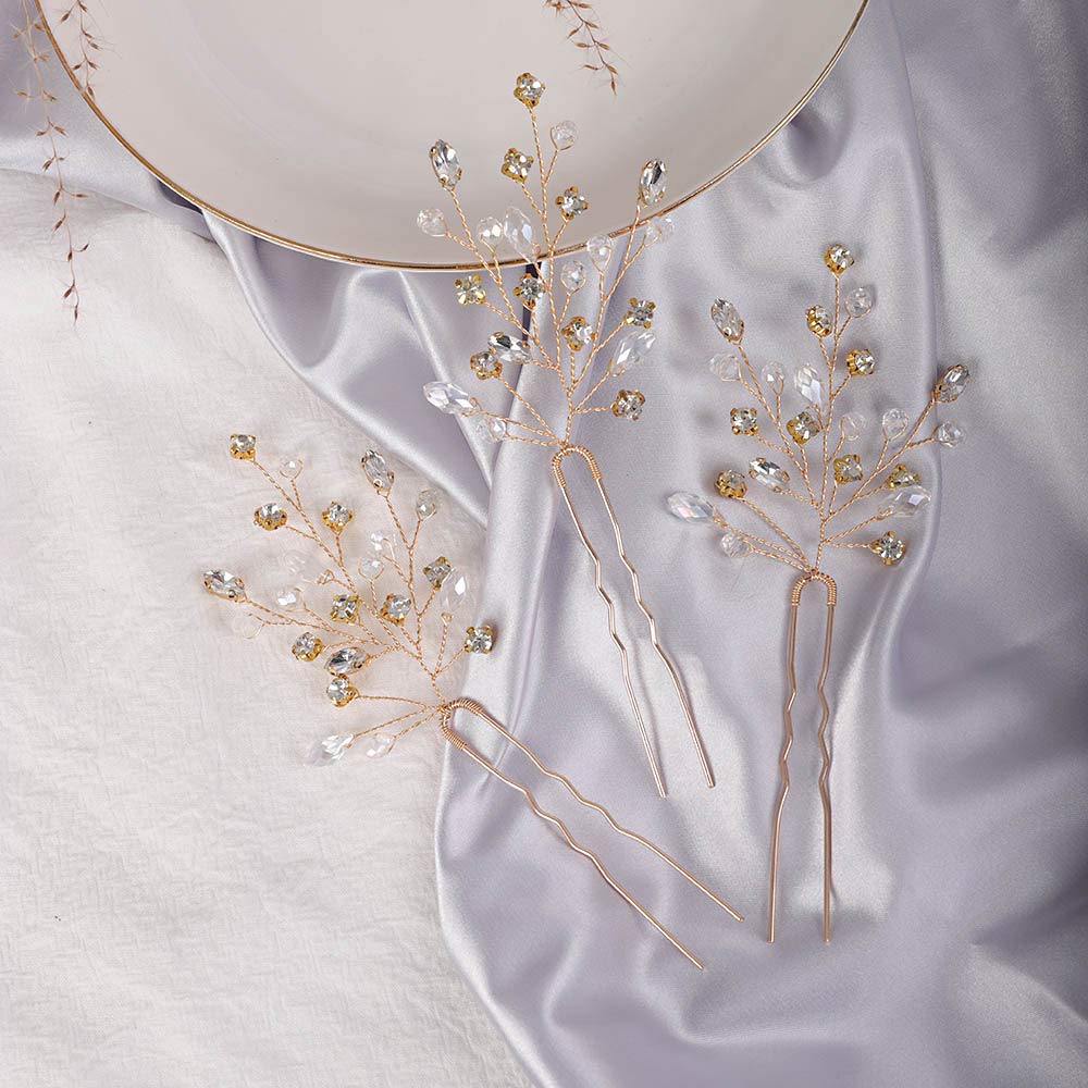 Yertter 3 Pcs Wedding Hair Pins Decorative Rhinestones Crystal Vine Bridal Bun Clip Accessories For Brides And Bridesmaids (Gold