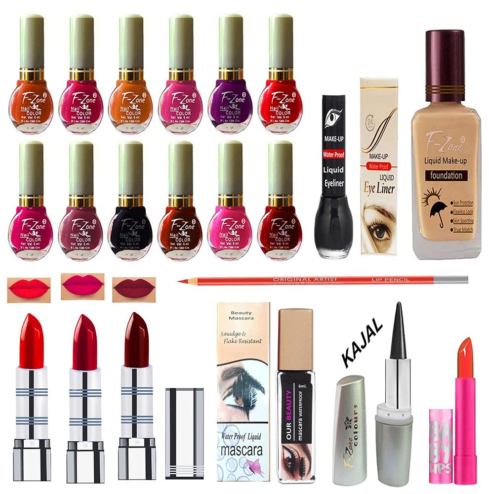 F Zone Makeup Kit With 12 Nail Polish Eye Liner Foundation 3 Lipstick Mascara Lip Balm And Kajal Vc86