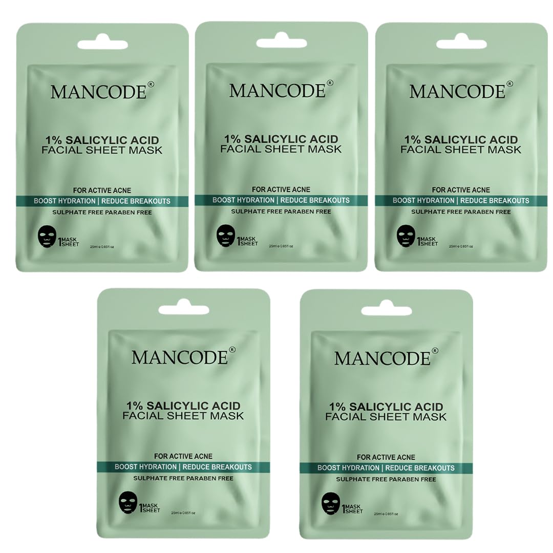 Mancode 1% Salicylic Acid Facial Sheet Mask 25Ml Boost Hydration Reduce Breakouts & Active Acne Pore Reducing Brightening & Enha