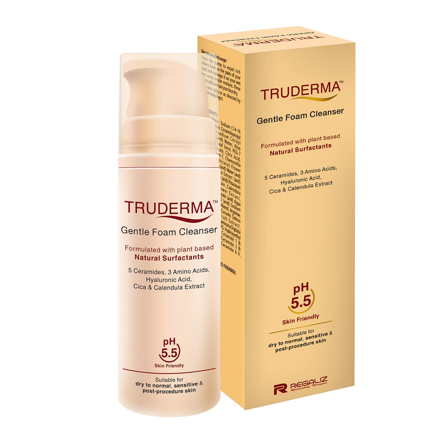 Regaliz Truderma Gentle Foam Cleanser | With Ceramides, Hyaluronic Acid, Cica & Calendula Extract | Gentle Foaming Face Wash For