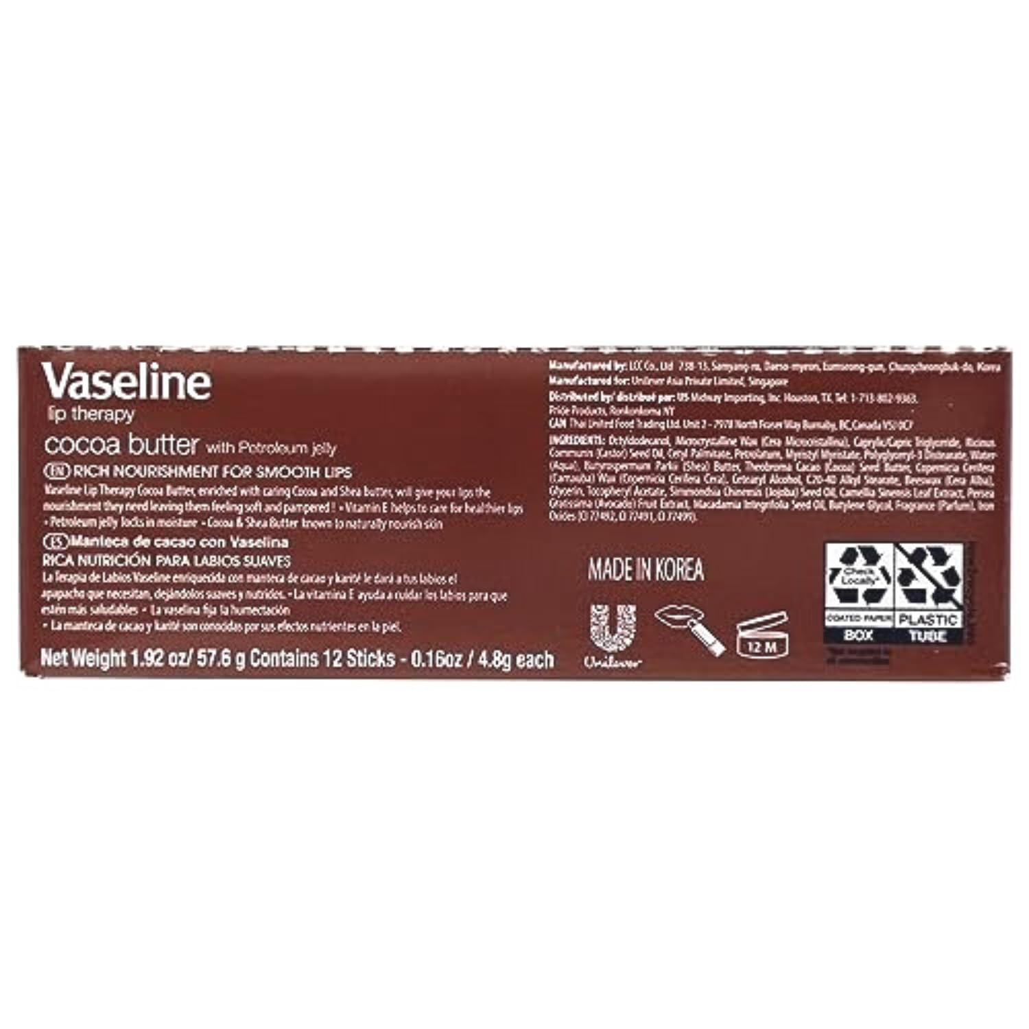 Vaseline Lip Balm Cocoa - 12 Pack, 0.16 Ounce Each, Clear