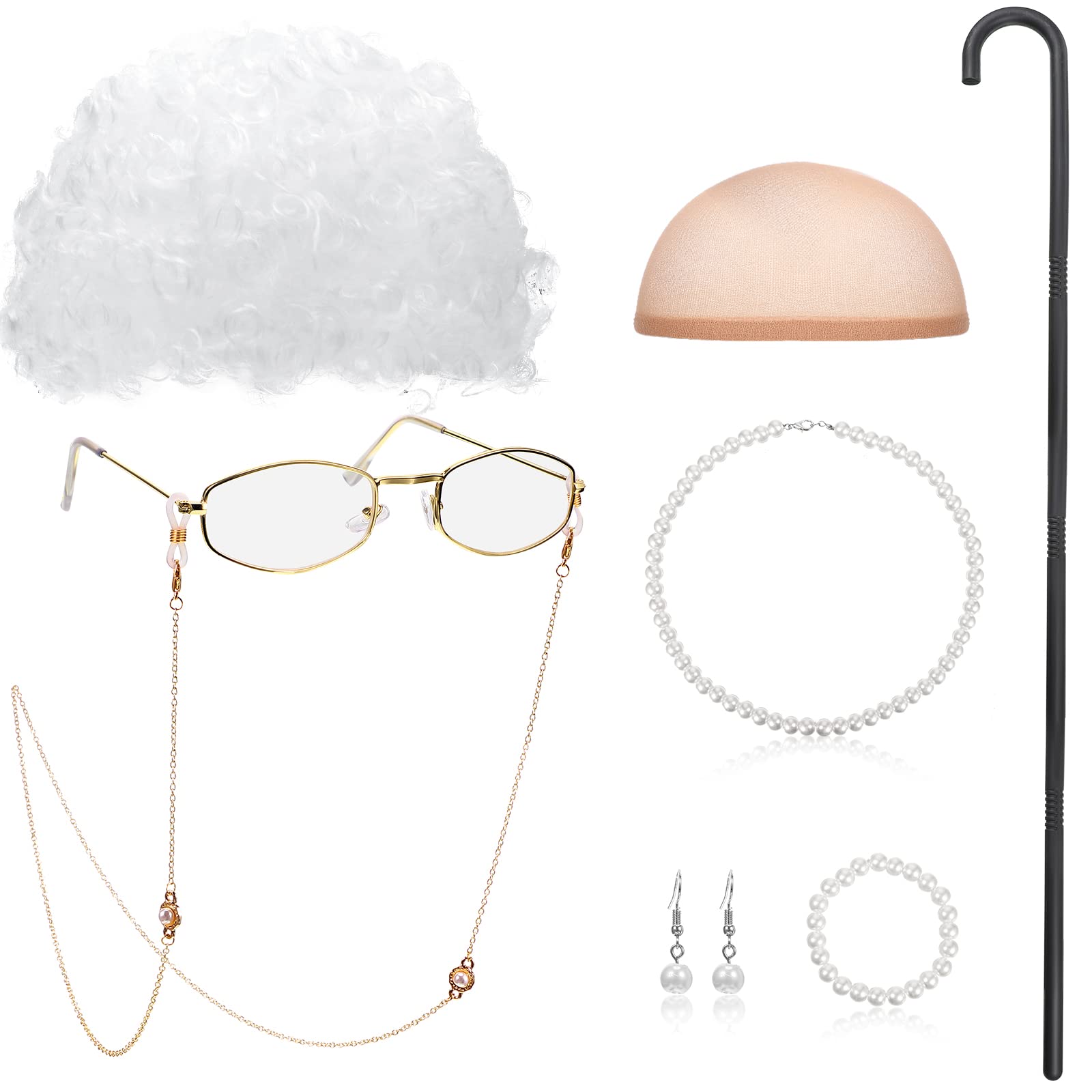 BBTO Old Lady Cosplay Set Grandma Gray Wig for Women Walking Cane Glasses Chain Cords Faux Pearl Bead Necklace(White Curly Wig)