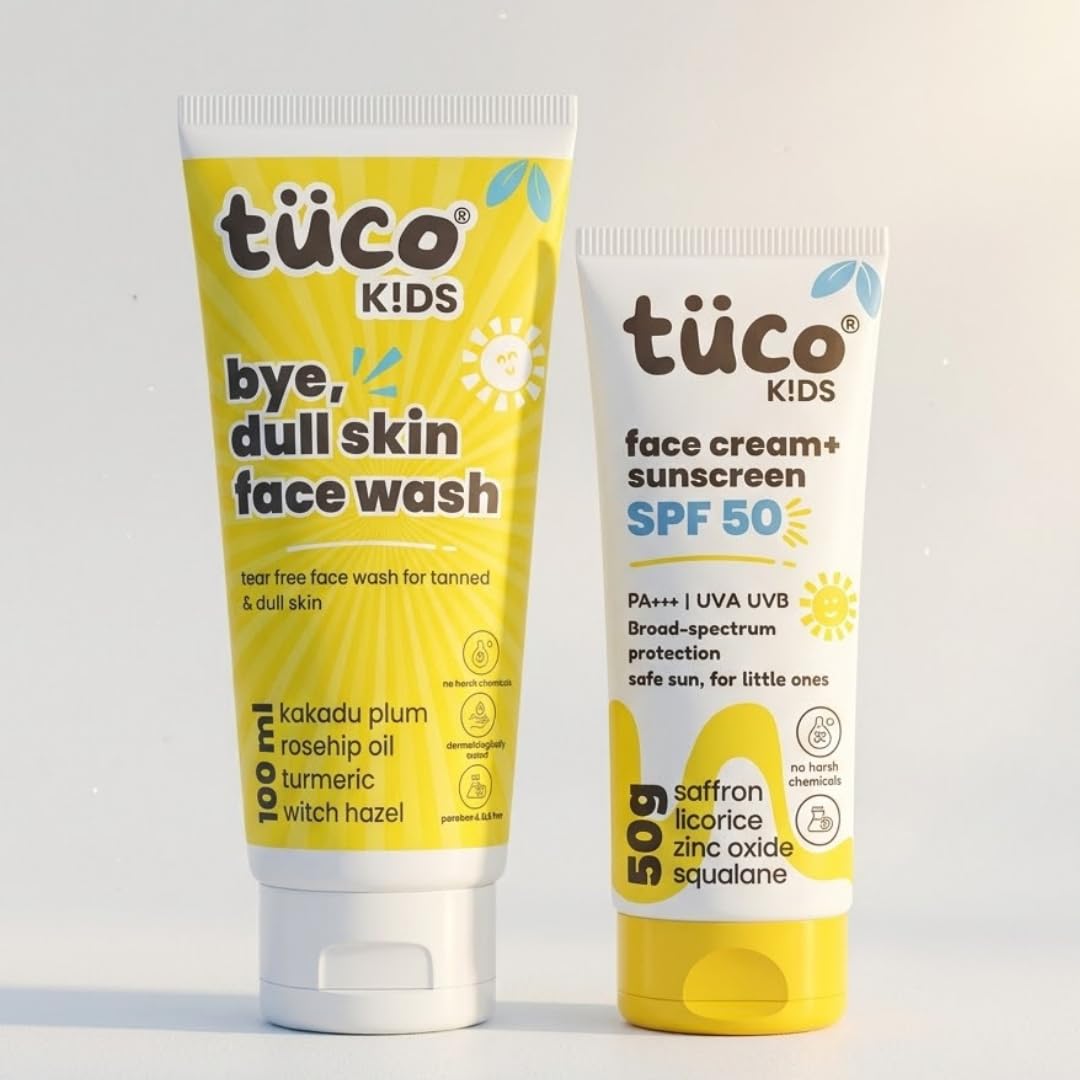 Tuco Kids Bright Face Kit - Face Wash (100Ml) & Face Cream & Sunscreen (50G) For Ages 3+ Kids, Paraben & Sulphate Free - Combo P
