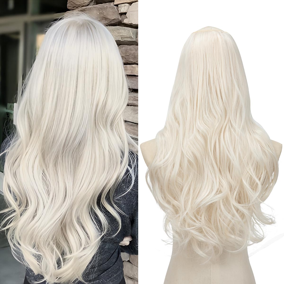 SARLA Clip in U Part Hair Extensions Full Head Long Synthetic Wave Curly Hairpiece 24 Inch for Women Platinum Blonde
