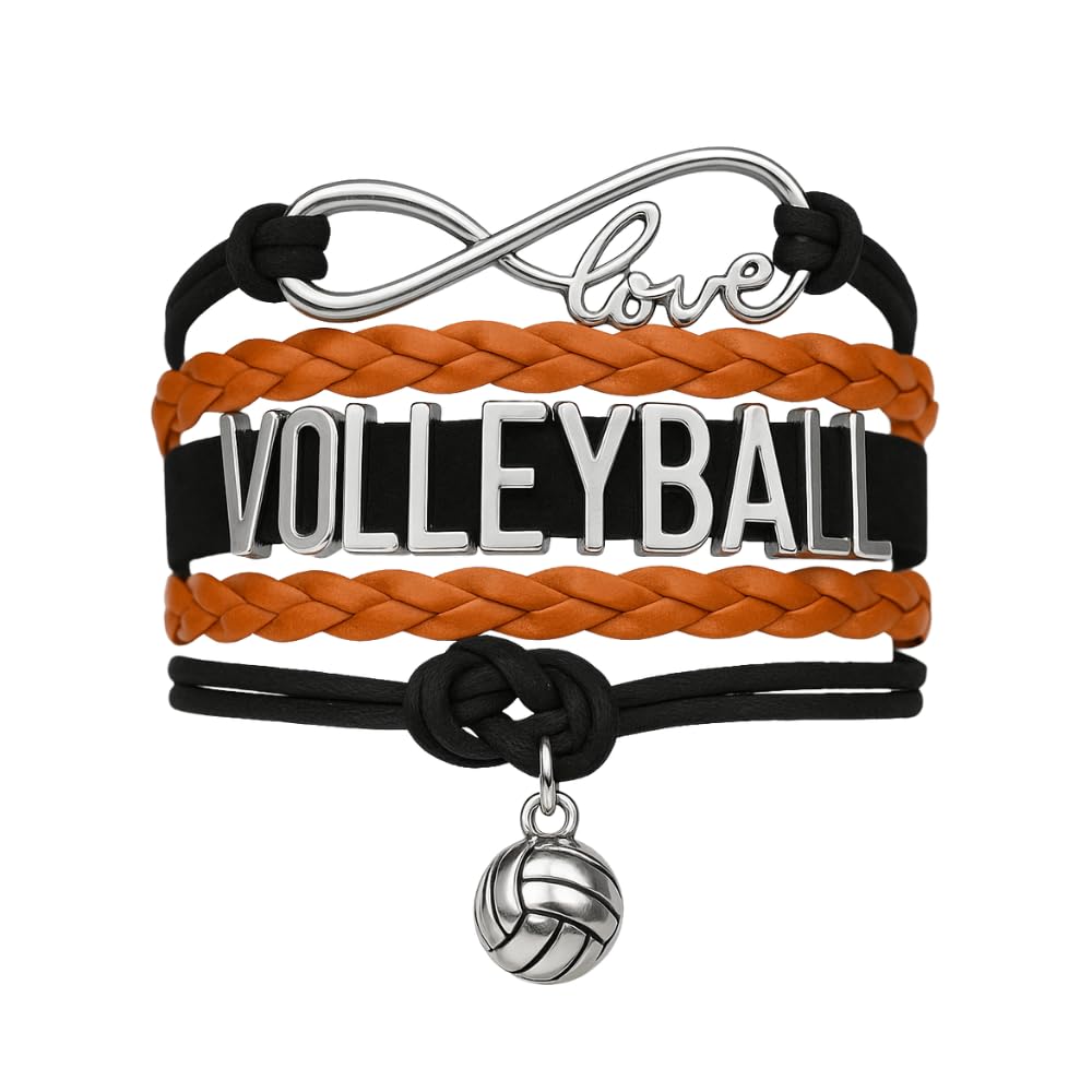 Volleyball Bracelet - Adjustable Charm Bracelet with Infinity Symbol & Silver Volleyball Charm by SportyBella. (Orange/Black)