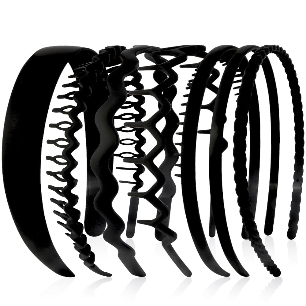 AHONEY 7 Pack Black Headbands for Women Mens Headbands with Teeth Non Slip Hairbands for Women's Hair Accessories Comb Headband 