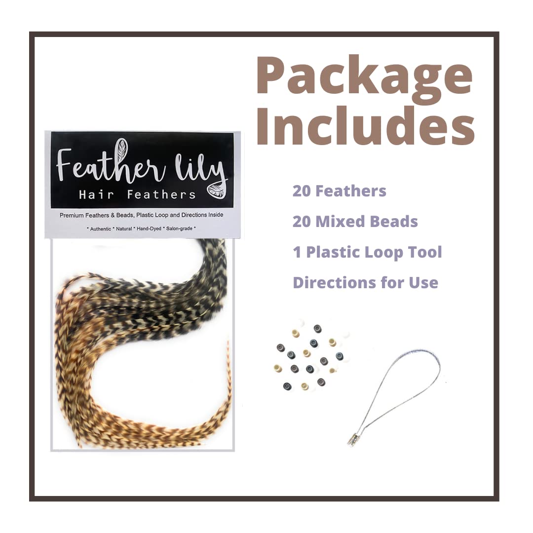 Natural Hair Feathers, Real Long Feather Hair Extensions With Bead Loop Kit, 20 Long Thin Tie Dye Ginger Brown And Black And Whi