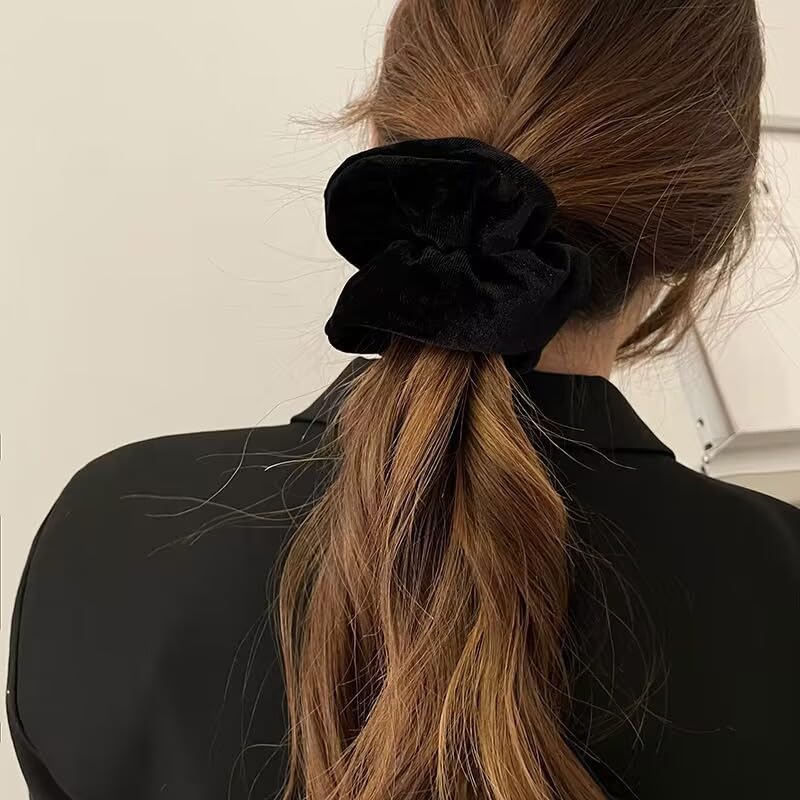 TUCEWP Velvet Scrunchies for Women Girls 4Pcs Large Brown Black Scrunchies Long Thick Curly Hair Soft Hair Bands Neutral Scrunch