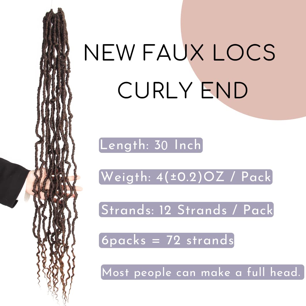 BOHOBABE 30 Inch New Faux Locs With Curly End 6 Packs Soft Locs Crochet Hair 72 Strands Long Natural Crochet Braids (6Packs,T30)