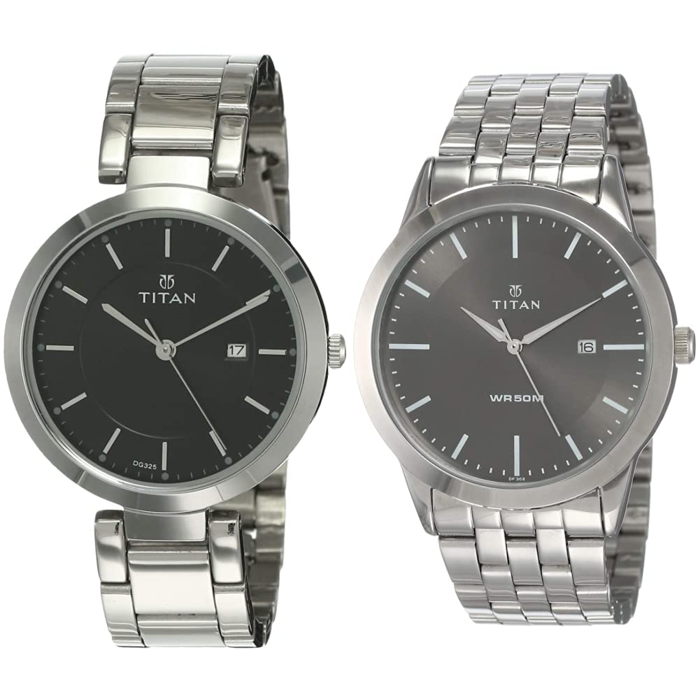 Titan Unisex Stainless Steel Analog Black Dial Watches Combo (Nk2480Sm08,1584Sm04), Band ColorBlack