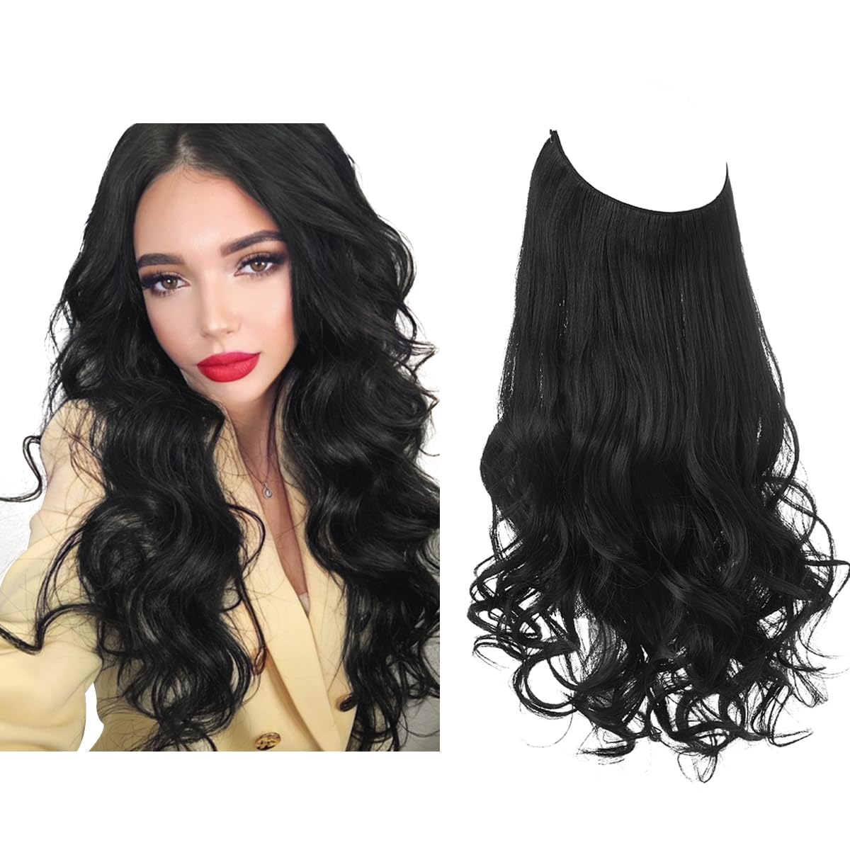 Sarla Short Invisible Wire Hair Extensions Black Adjustable Transparent Headband 14 Inch Wavy Curly Synthetic Hairpiece For Wome