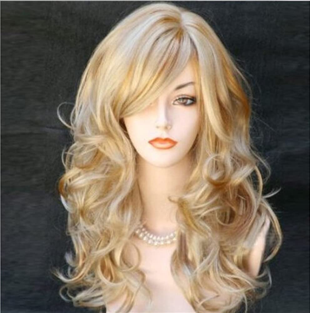 AneShe Wig Women's 2 Tones Blonde Mixed Big Wave Synthetic Hair Long Wavy Curly Hair Wigs (Golden/Blonde)