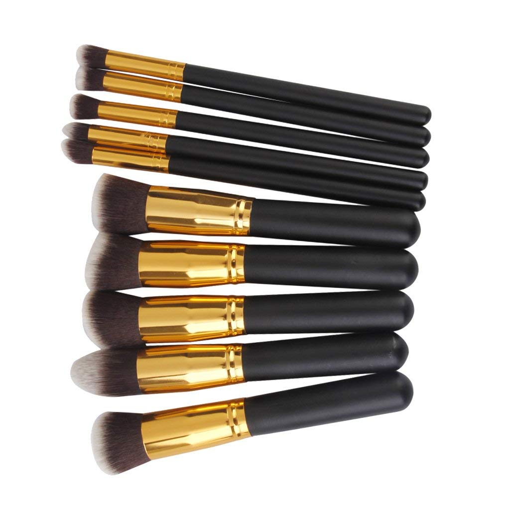 Datnasayad Wooden Handle With Aluminium Tube Fiber Bristle Makeup Brushes  (Set Of 10 Pieces), (Colour  Black & Golden)