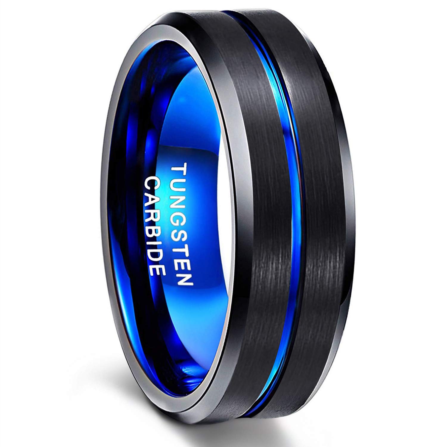 Greenpod 8mm Mens Black Tungsten Ring with Thin Blue Groove Beveled Edge Comfort Fit Size 14.5