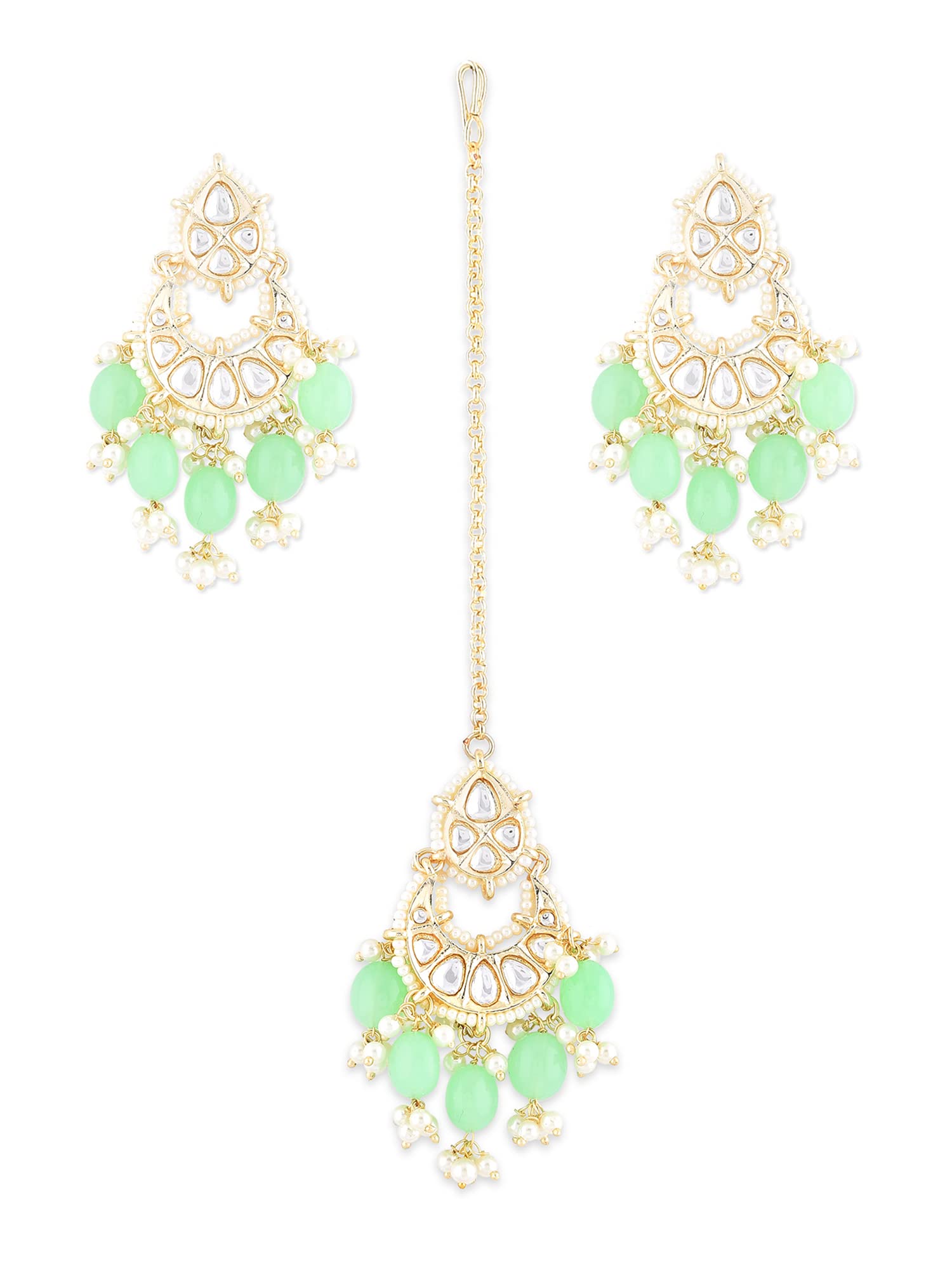 Zaveri Pearls Green Bead Drops Crescent Shape Kundan Earring & Maangtikka Set Zpfk11542