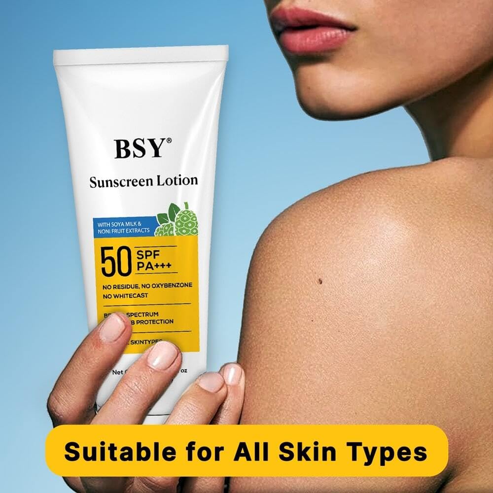 BSY Noni Sunscreen Lotion SPF 50 PA+++ (2.03 fl oz) | Infused with Noni & Soy Milk Extracts | Mineral Sunscreen with No White Ca