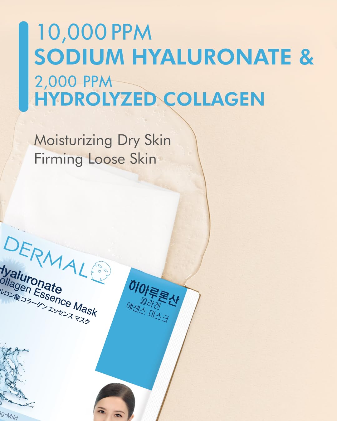 Dermal Hyaluronate Collagen Essence Facial Mask Sheet 23G Pack Of 100 - Hydro Boost Moisturizing For Dry Skin, Smoothing Fine Li