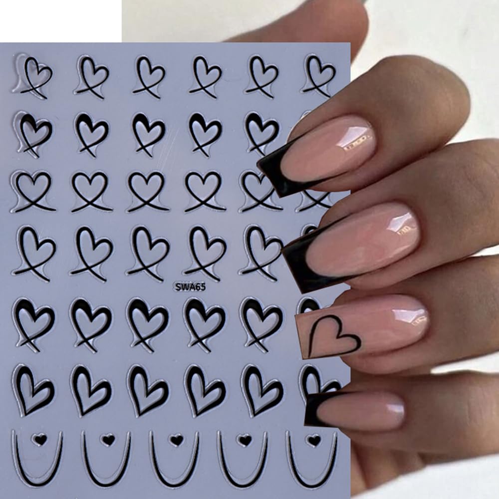 Valentine'S Day Nail Stickers For Nail Art, French Empty Love Heart Valentines Nail Art Stickers 3Pcs 3D Self-Adhesive Black Pin