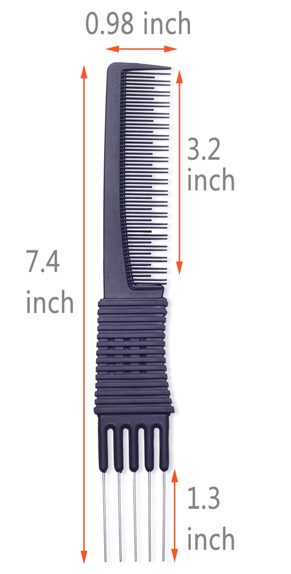 PERFEHAIR 2pcs Black Carbon Teasing Combs with Metal Prong & 5 Stainless Steel Pins, Salon Lifting & Fluffing Comb, Model HC064-2