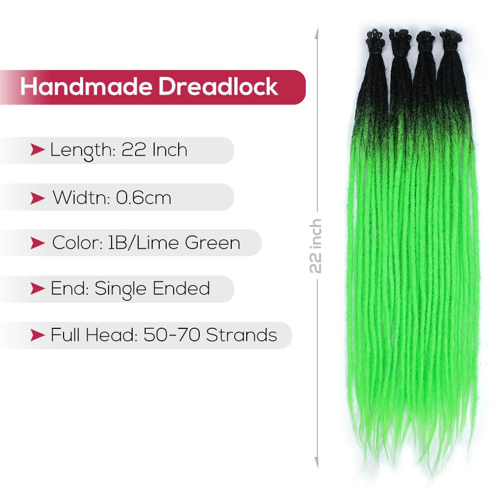 Kraler Green Dreadlock Extensions, 22'' Synthetic Crochet Dreads Extensions 100% Handmade Single Ended Dreads Thin 0.6Cm Width R