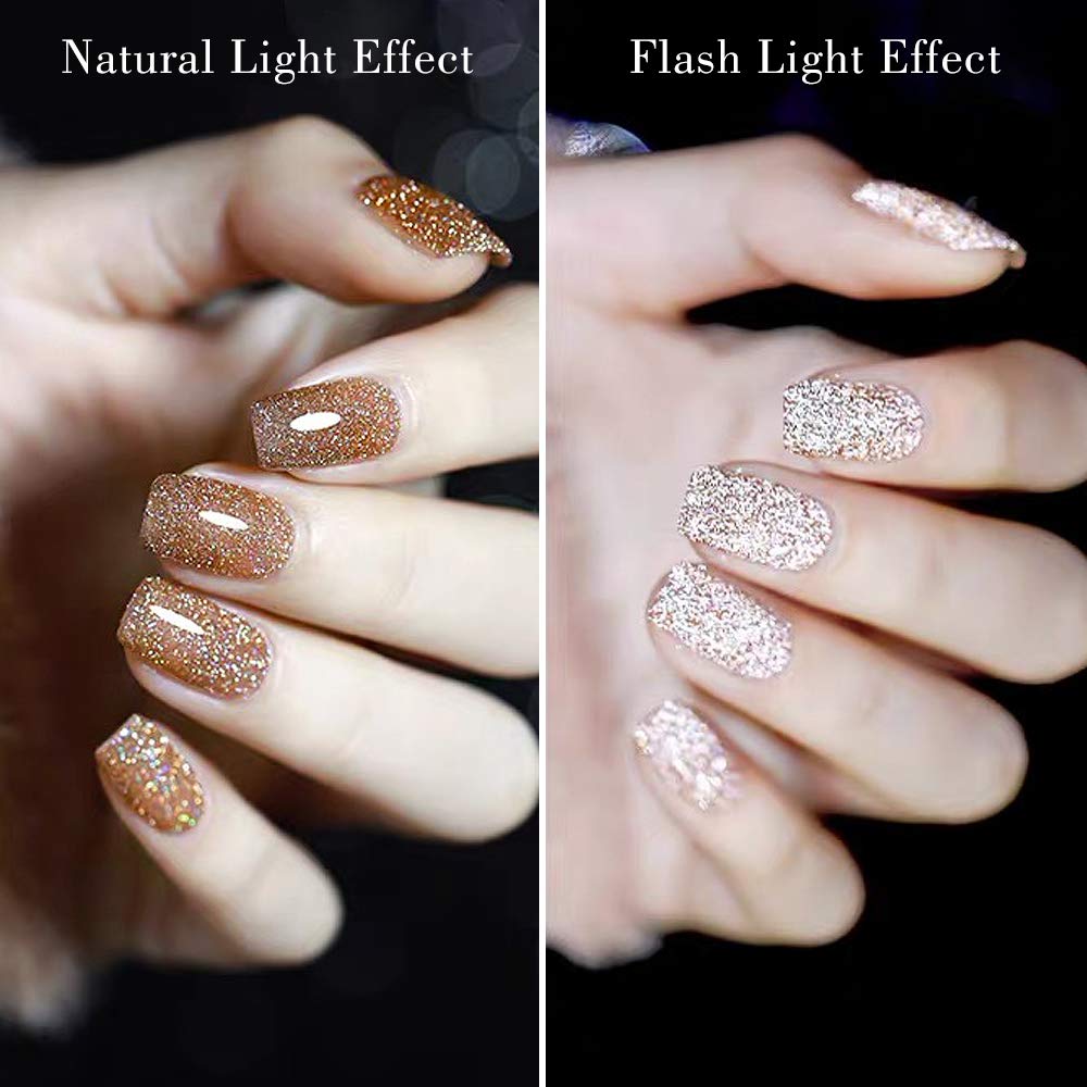 Mizhse Reflective Gel Nail Polish, Glitter Gold Gel Polish Sparkly Shiny Nail Gel Soak Off Uv/Led Lamp Nail Art Varnish For Begi