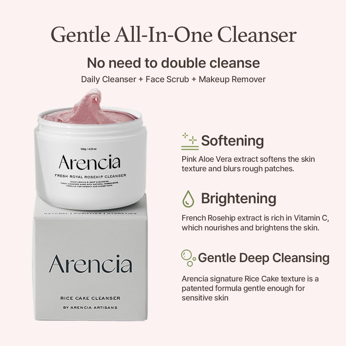 Arencia Rosehip Brightening Rice Mochi Face Cleanser & Daily Scrub - Moisturizing, Exfoliating & Deep-Cleansing - All Skin Types