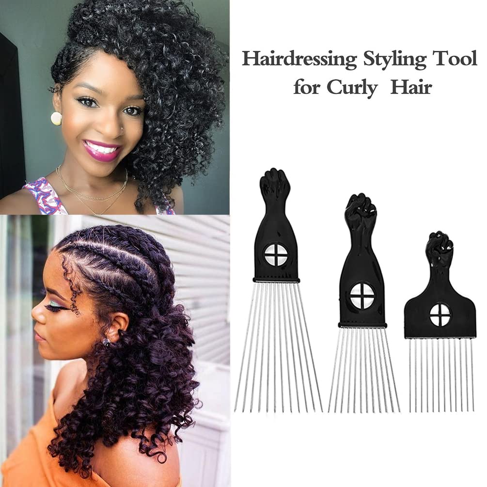 MODSIGHT 3 Pack Afro Picks - Metal Hair Combs for Curly Hair, Black, Hairdressing Tool for Women/Men