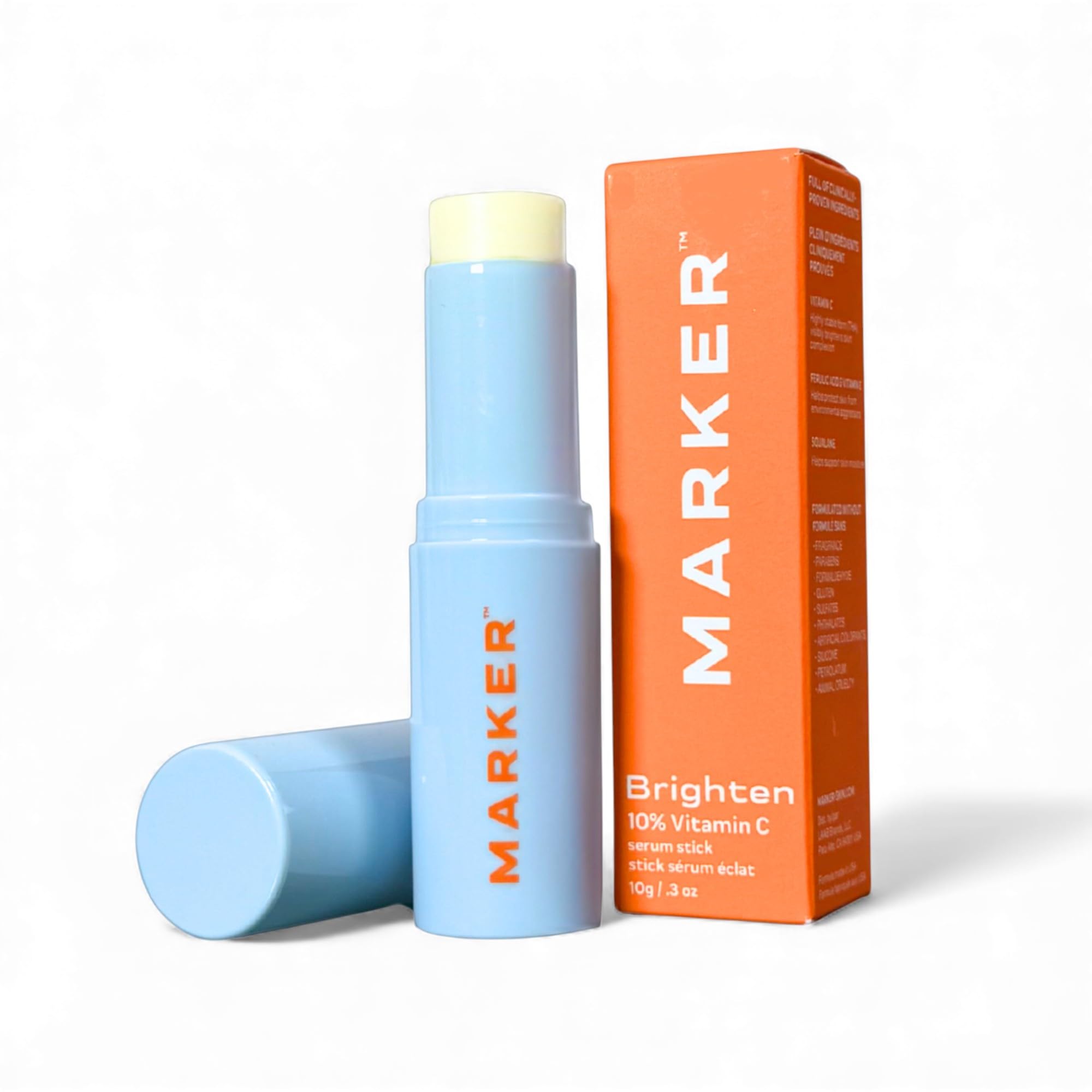 MARKER Brighten Stick, 10% Vitamin C Serum Stick for Dark Spots & Uneven Tone, with Ferulic Acid & Vitamin E, 0.3 oz (10 g), Tra