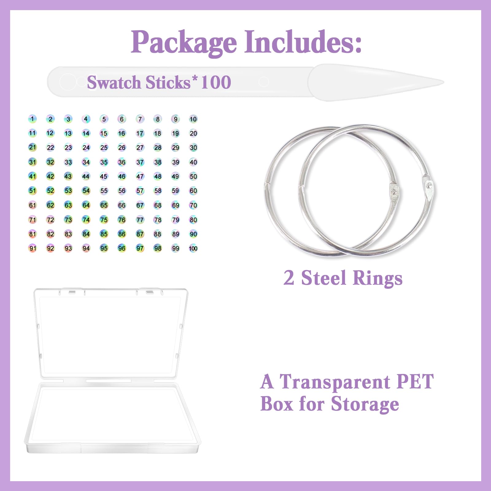 Laza 100 Pcs Clear Nail Swatch Sticks Box-Packed With Ring And Numbered Stickers Nail Art Polish Color Display Practice Tips Tra