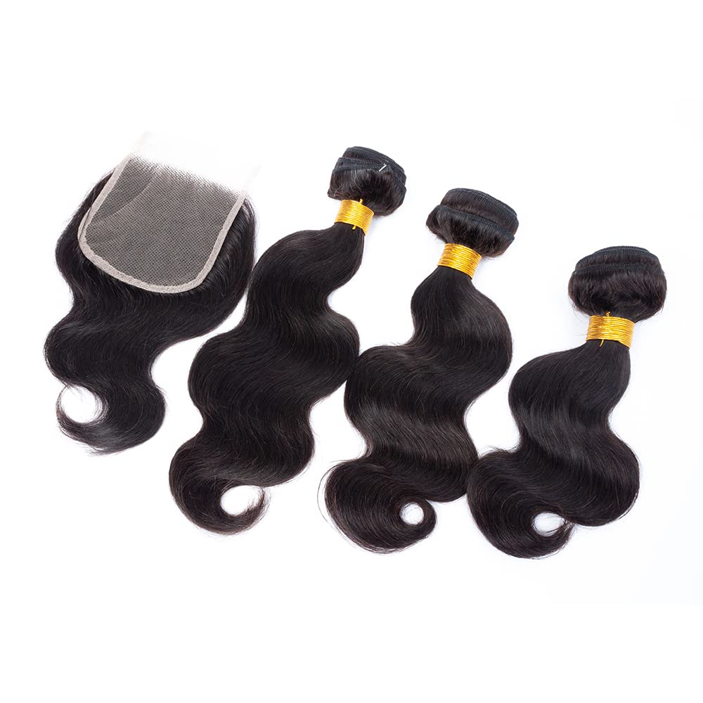 Brazilian Virgin Hair Body Wave 3 Bundles With Closure (12 14 16+10''Closure) 10A Virgin Brazilian Remy Human Hair Bundles With
