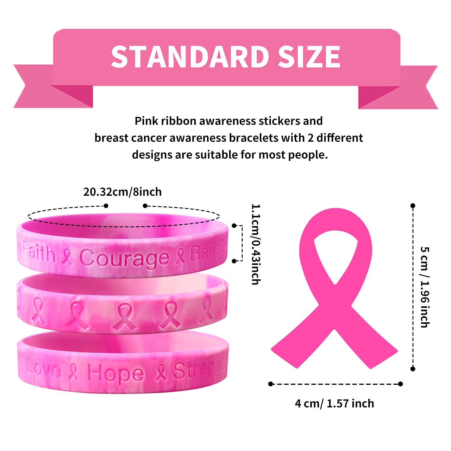 Bundle of 48 Pcs Die Cut Pink Ribbon Stickers and 48 Pcs Pink Ribbon Camouflage Breast Cancer Awareness Bracelets in 2 designs,